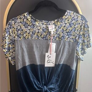 Belle Du Jour Floral and Striped Short Sleeve Top - Blue and Yellow